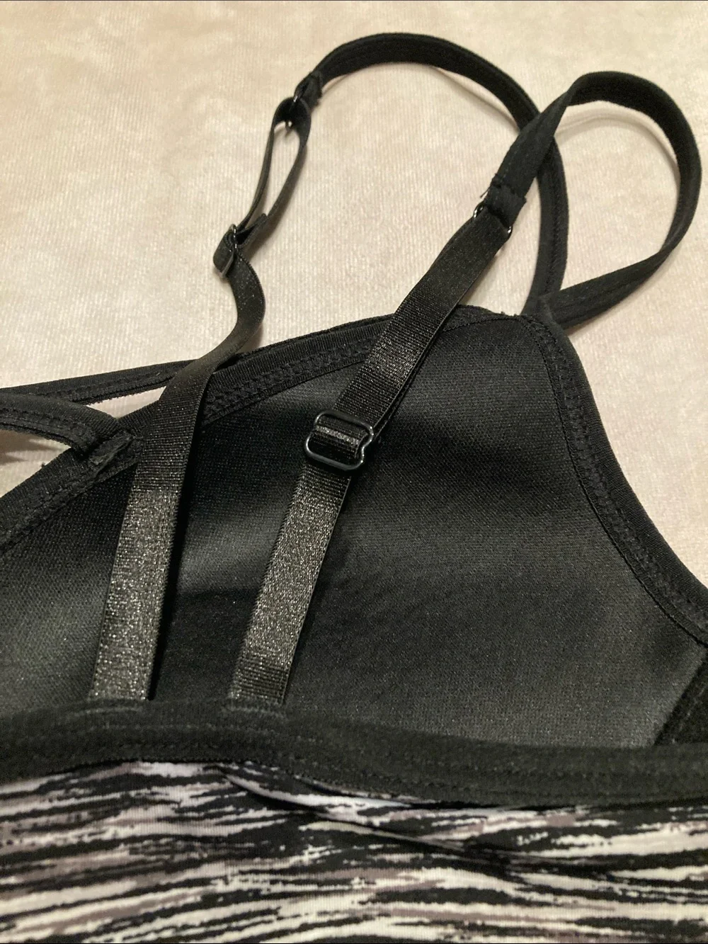 L.A. Gear Black and Gray Striated Sports Bra with Thin Straps